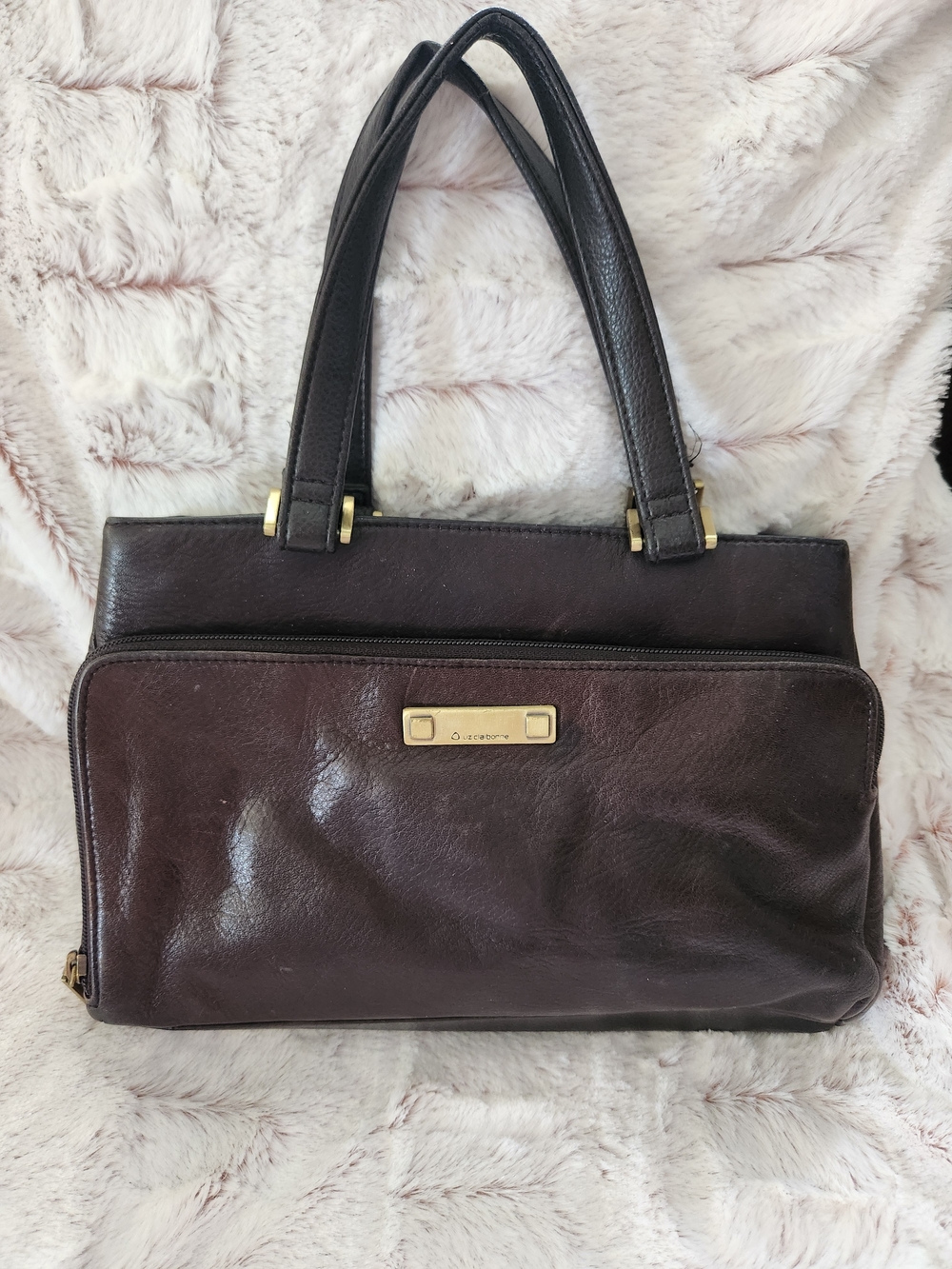 Liz Claiborne Dark Brown Leather Shoulder Bag with Gold Hardware